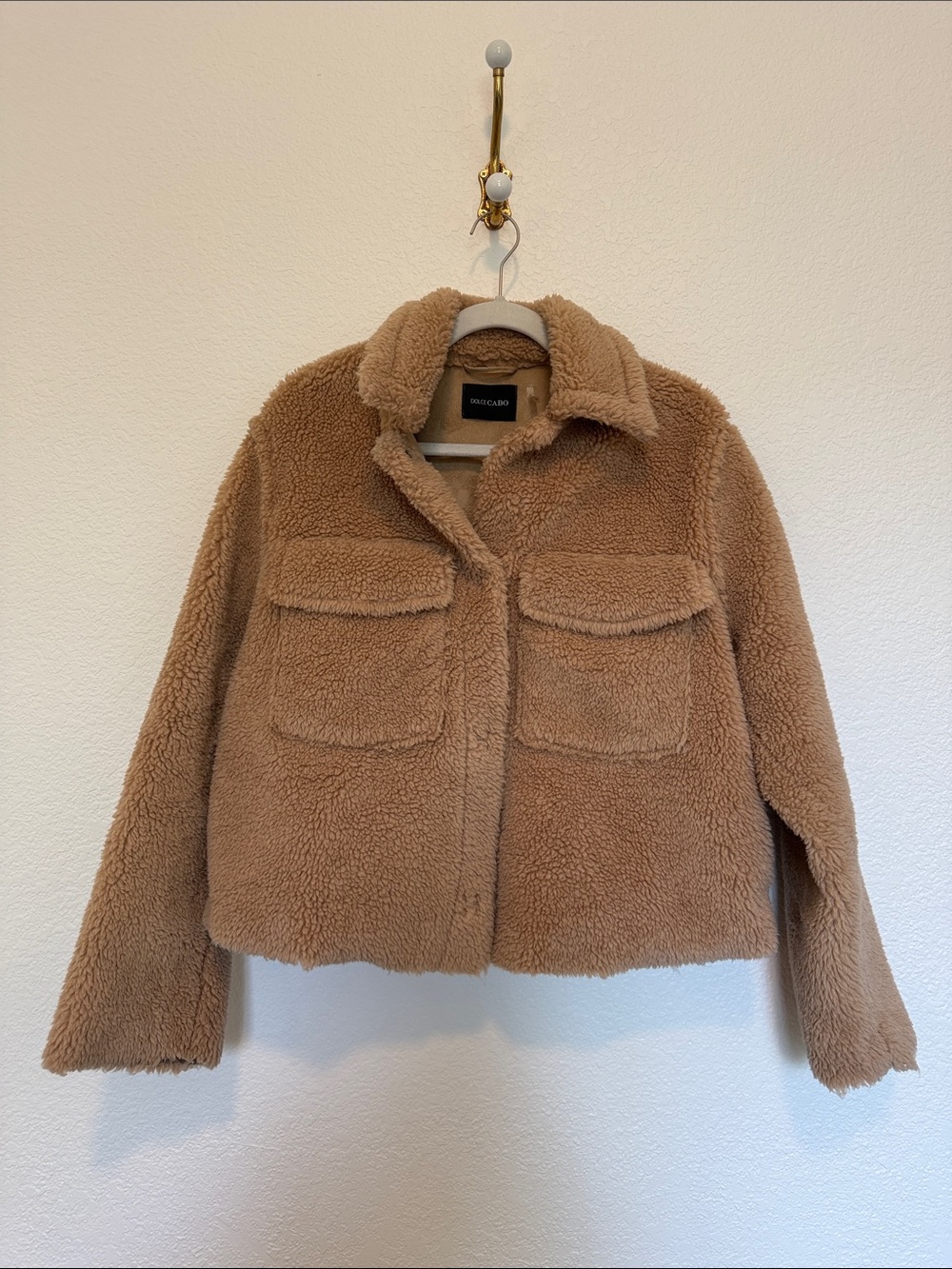 Dolce Cabo Camel Teddy Sherpa Jacket with Patch Pockets, Suede Interior